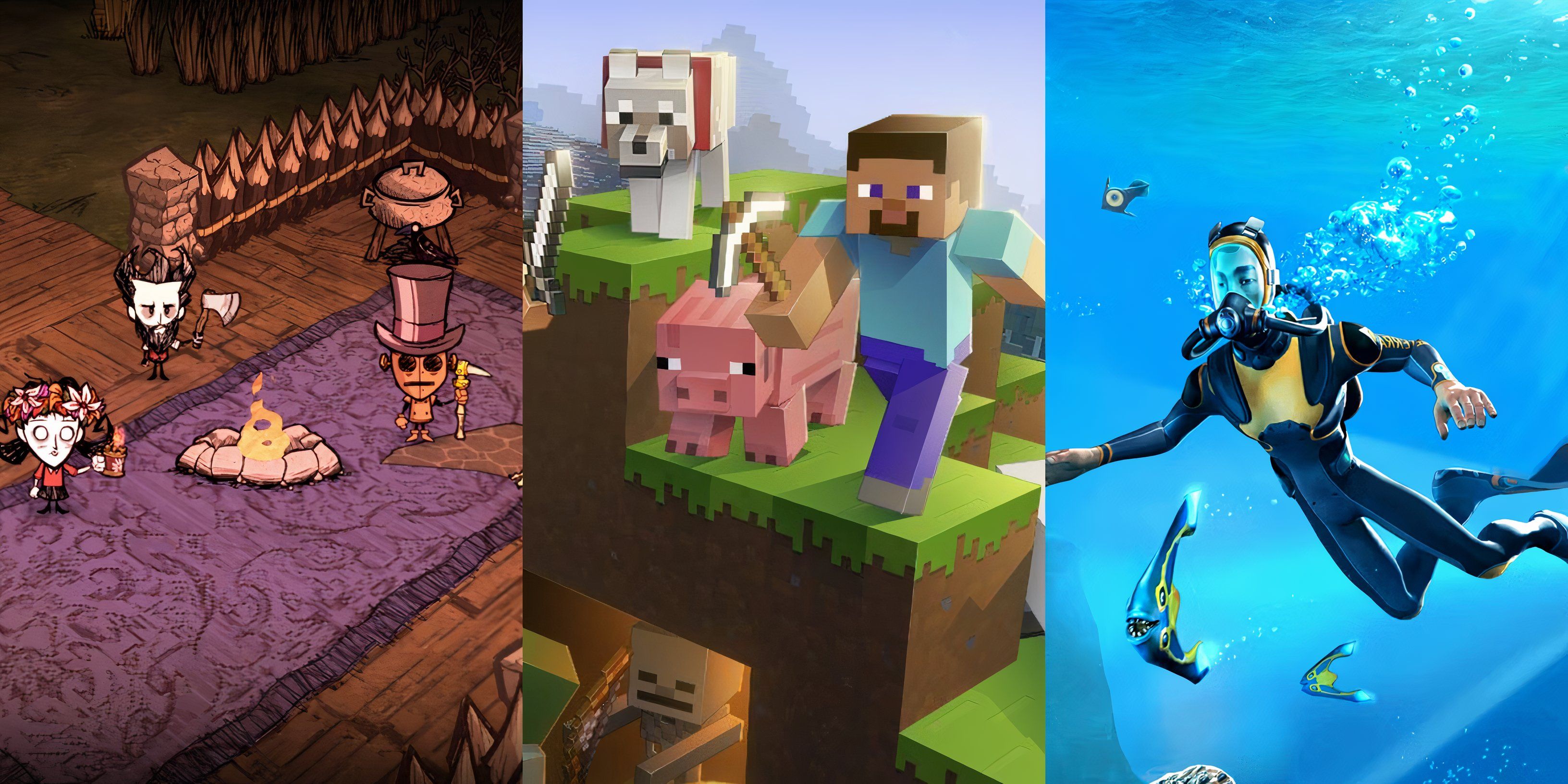 Don't Starve (left), Minecraft (middle), and Subnautical (right)